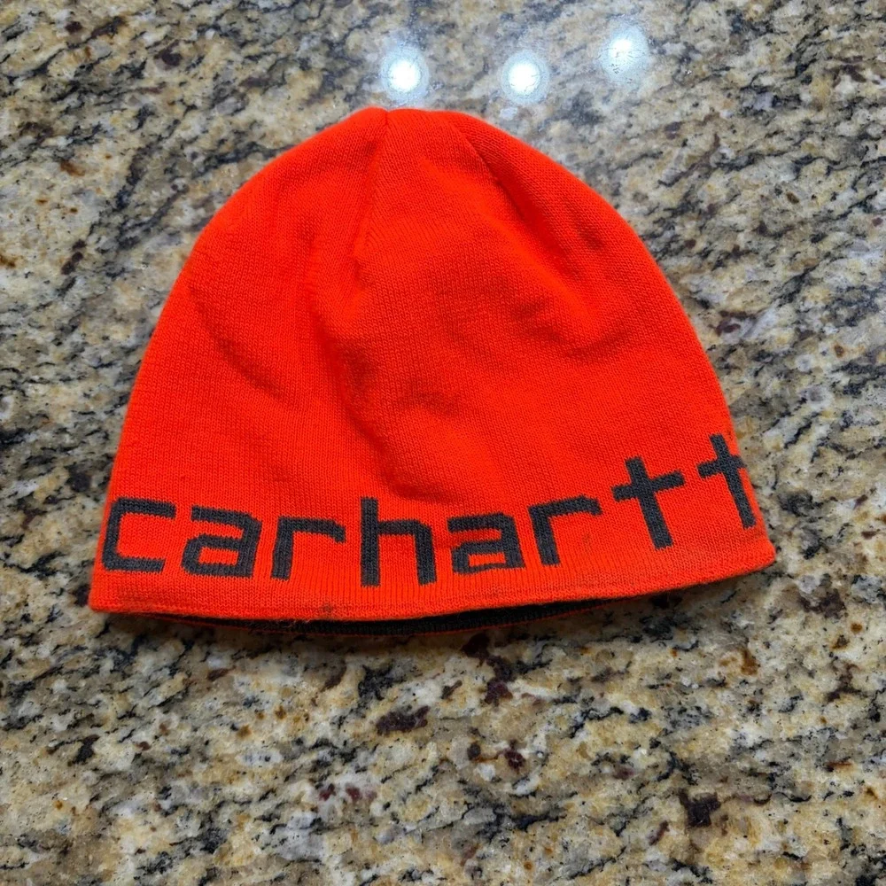 Carhartt Reversible Beanie Orange Charcoal Grey Knit Hat Logo Mens One Size